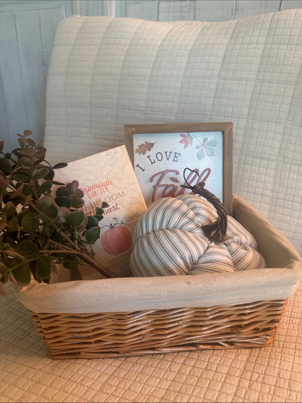 Decorative Striped Fabric Pumpkin Basket Accent - White Cream